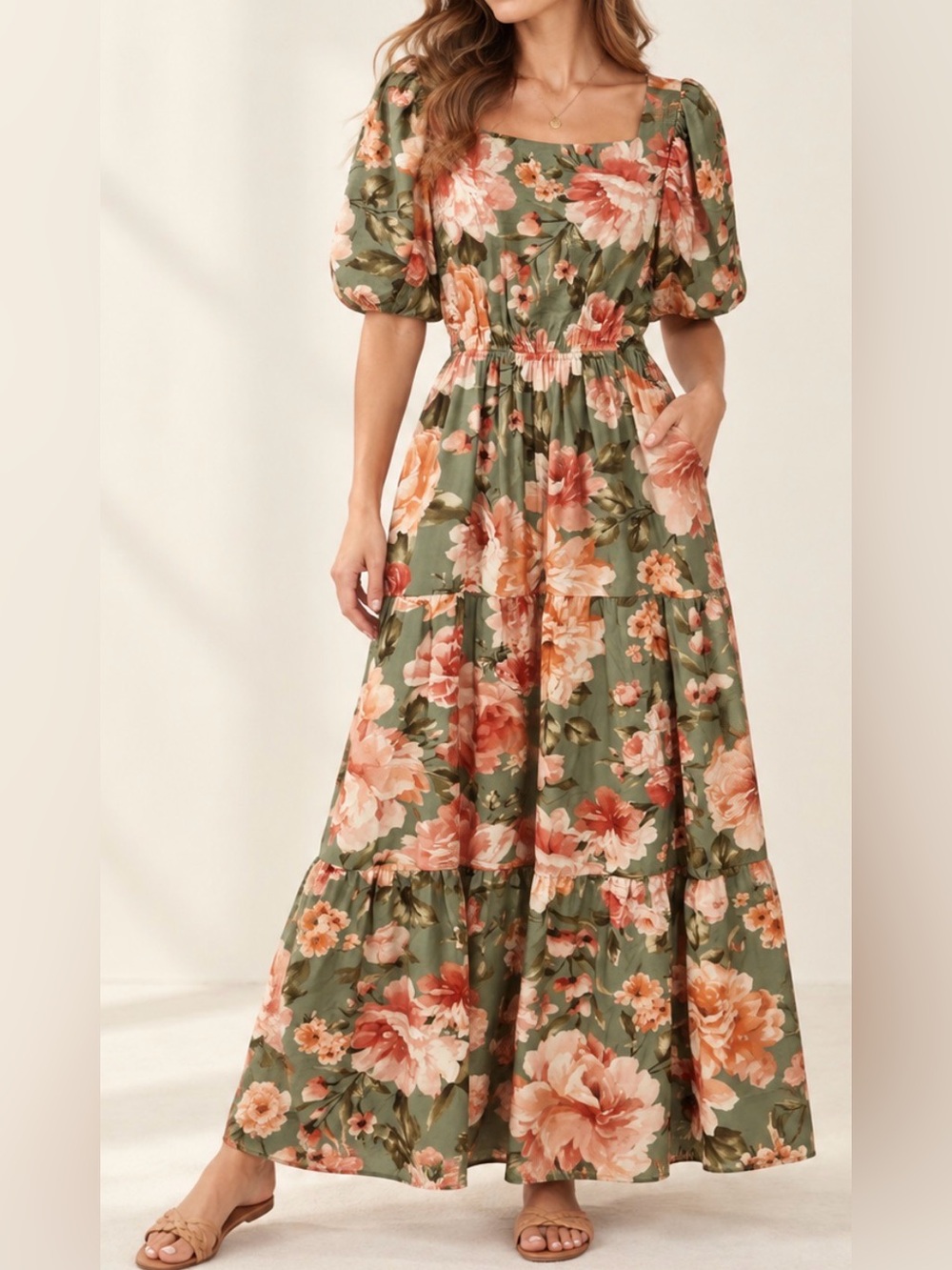 Blu Pepper Olive Green Floral Maxi Dress with Peach Blooms